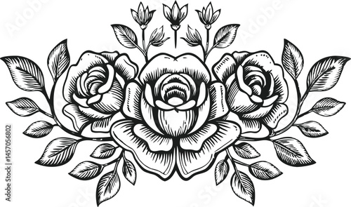 Highly detailed botanical engraving of blooming roses and leaves in symmetrical composition, vintage hand-engraved black and white design

