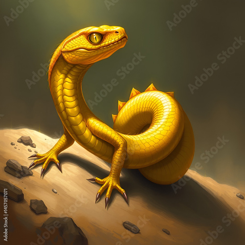 A basilisk with golden scales and eyes that can petrify its prey, who slithers through the deserts seeking out its next meal. digital art painting, fantasy art, wallpaper. Basilisk. Illustration