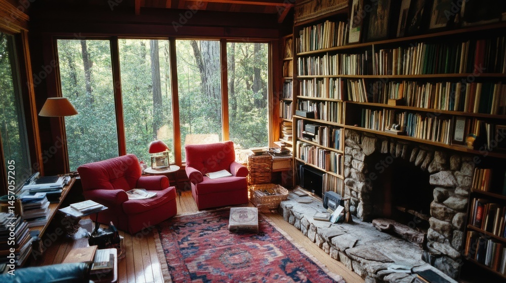 Cozy reading room features a large bookshelf and fireplace near windows Cozy reading room features a large bookshelf and fireplace near windows