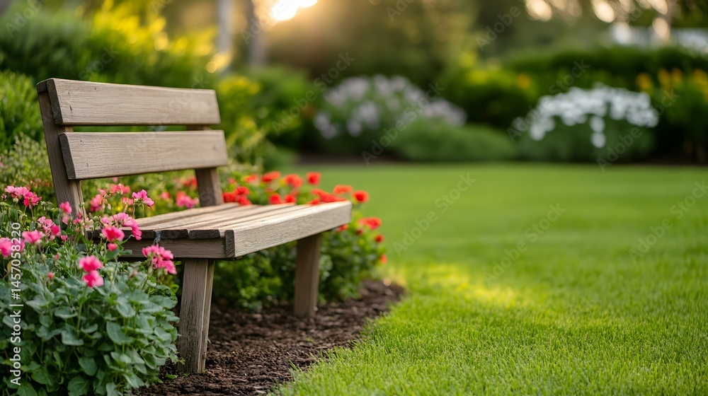Fototapeta premium Serene backyard garden with a rustic wooden bench surrounded by blooming flowers.