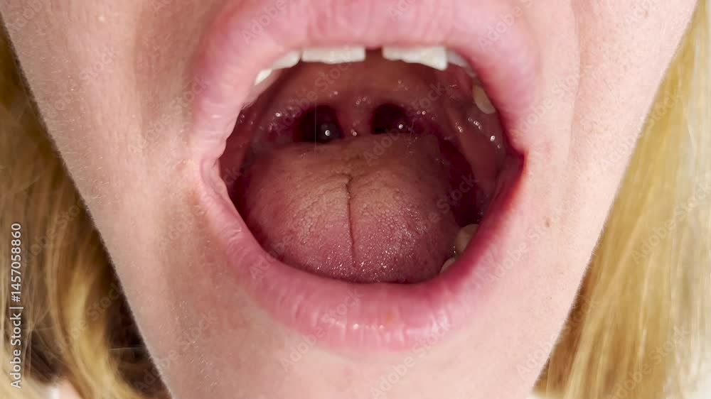 Close up of a adult human open mouth with tongue extended and visible throat, tonsils, and uvula. Medical or dental examination concept with bright lighting. Close up of a adult human open mouth with tongue extended and visible throat, tonsils, and uvula. Medical or dental examination concept with bright lighting.