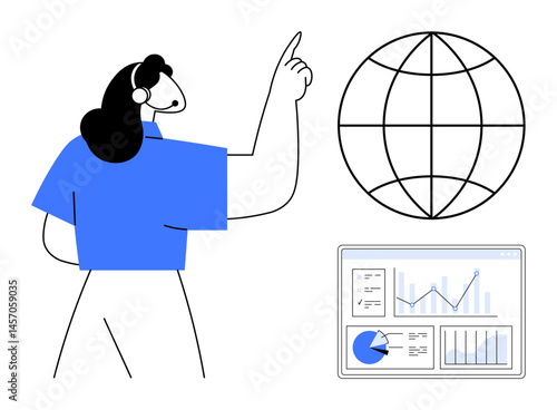 Woman in headset pointing at a globe with data charts on a screen. Ideal for business, analytics, communication, global strategy, e-learning, research, simple landing page