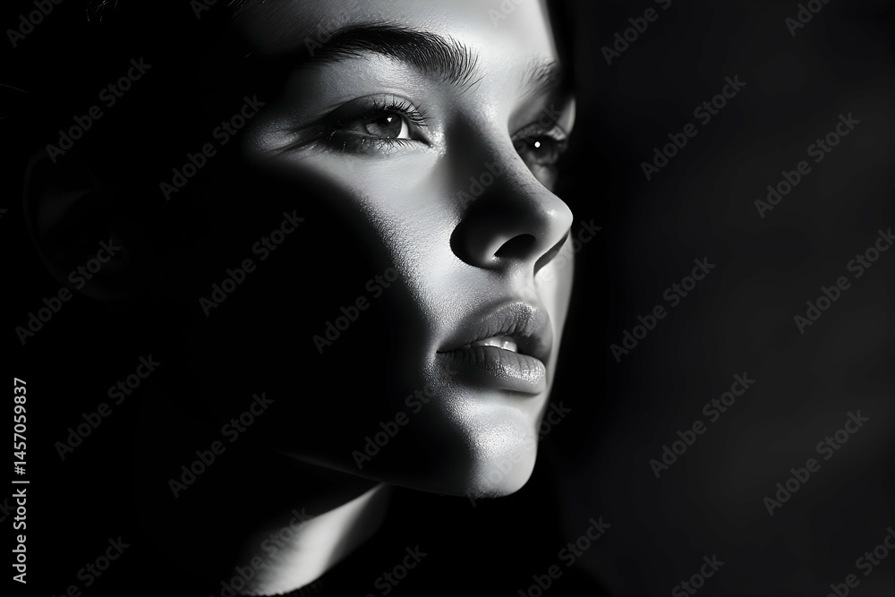 A woman's face is lit dramatically in black and white. A woman's face is lit dramatically in black and white.