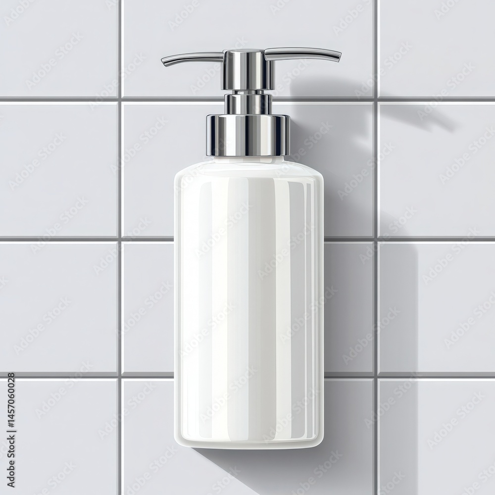 Obraz premium Elegant white dispenser with silver pump against clean tiled backdrop bathroom