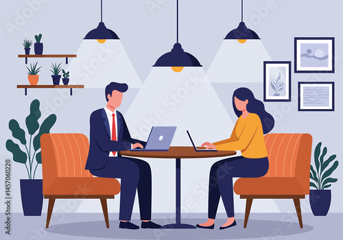 Vibrant flat vector illustration of a casual office meeting. A man and woman collaborate on a laptop in a relaxed lounge setting or modern coffee shop. Modern workplace concept
