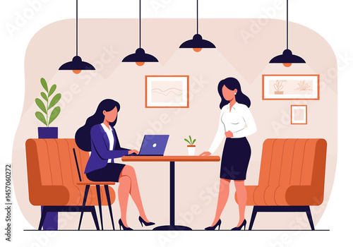 Vibrant flat vector illustration of a casual office meeting. A man and woman collaborate on a laptop in a relaxed lounge setting or modern coffee shop. Modern workplace concept