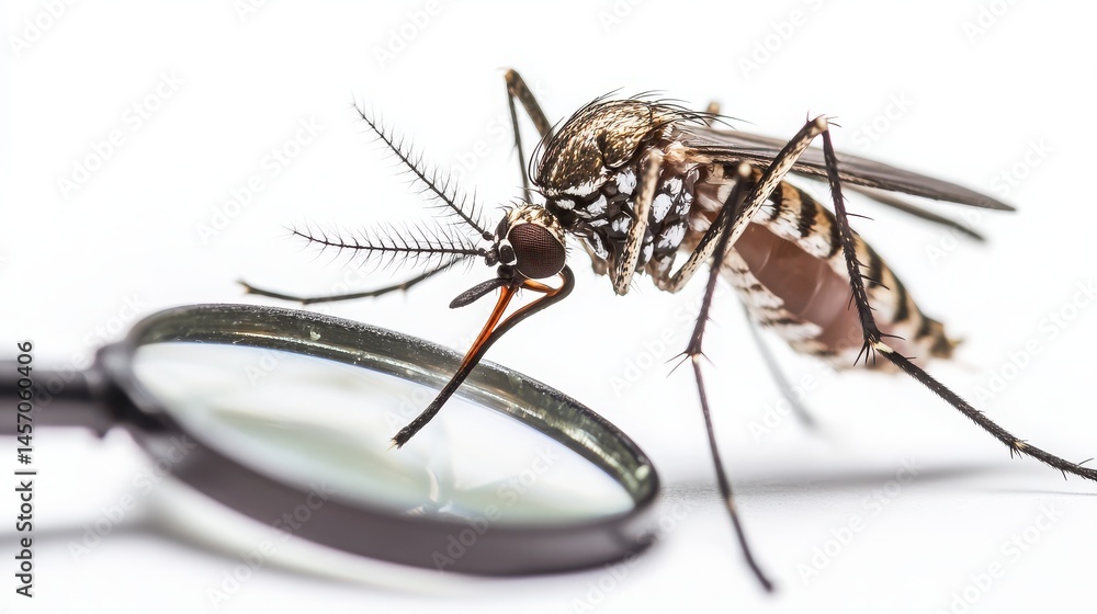 Closeup of a Mosquito Near a Magnifying Glass on White Background Closeup of a Mosquito Near a Magnifying Glass on White Background