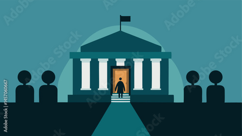 Closed Doors A government building with a door slightly ajar and shadows of people inside conducting covert discussions with bags of money on the table.