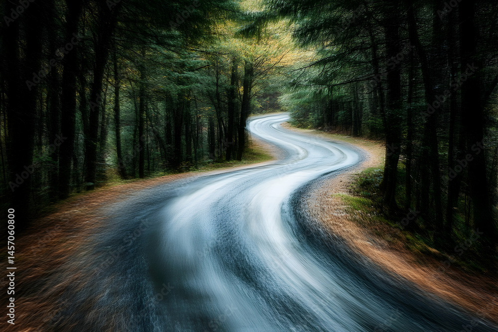 Fototapeta premium Winding road through a dense forest with tall trees and blurred motion.