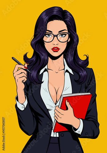 Vibrant pop art flat vector illustration of a confident pin-up secretary girl. Retro businesswoman style on a vibrant background