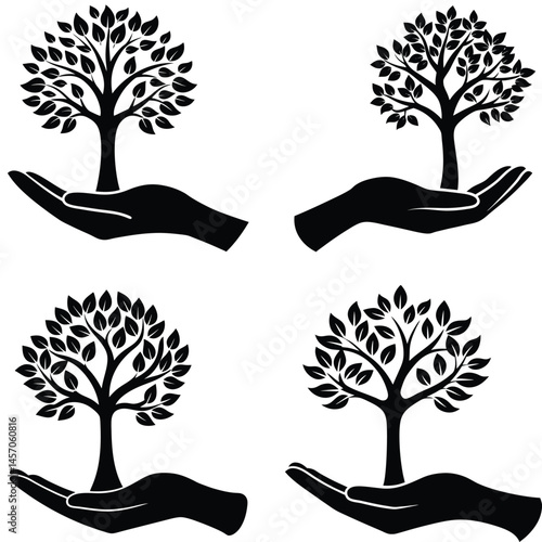 Hands Holding Tree Silhouettes Representing Growth Sustainability And Environmental Awareness