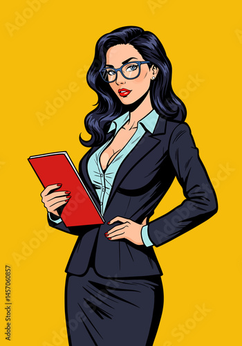 Vibrant pop art flat vector illustration of a confident pin-up secretary girl. Retro businesswoman style on a vibrant background