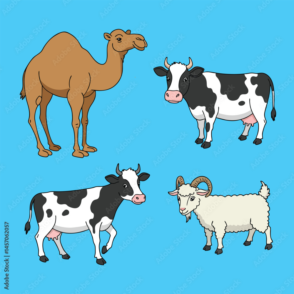 Fototapeta premium Camel, Cows, and Goat Cartoon on Blue