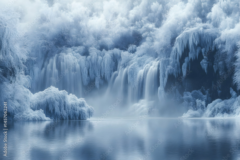Waterfalls cascading into a misty lake surrounded by ice and fog. Waterfalls cascading into a misty lake surrounded by ice and fog.
