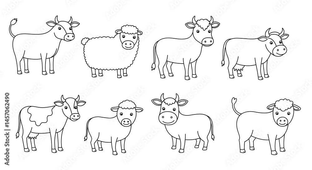 Fototapeta premium Cute Farm Animals Outline Illustration with Cows and Sheep Line Art