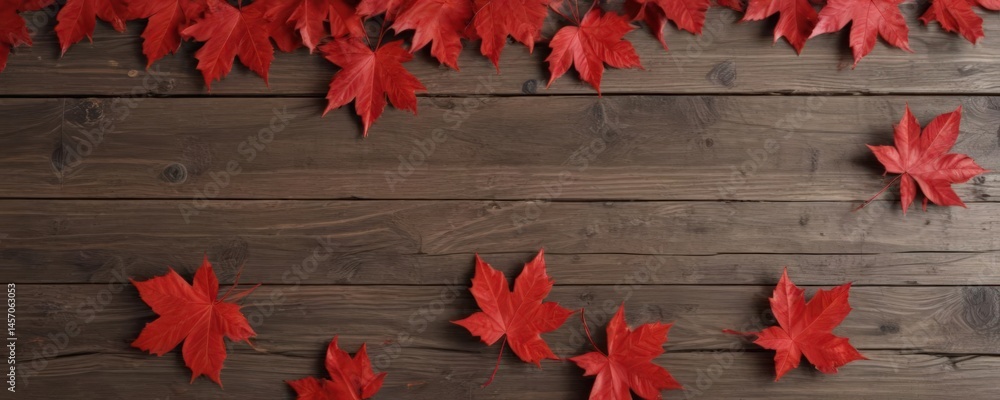 Fototapeta premium Vibrant red maple leaves scattered on rustic wood grain , overhead, detail, scarlet