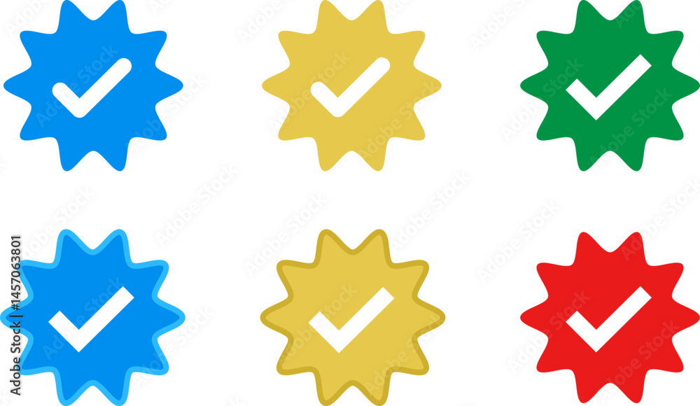 Check mark tick verification icons set symbol vector - Blue, Gold, Green and Red. Verified check mark badge. Verification icons. Verified authentication symbol. Check mark tick verification icons set symbol vector - Blue, Gold, Green and Red. Verified check mark badge. Verification icons. Verified authentication symbol.