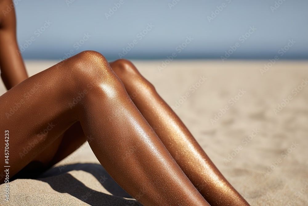 Fototapeta premium Knees resting on sandy beach with glowing skin during a sunny day at the shoreline