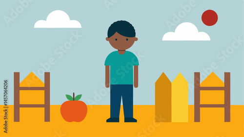 Child Growing with Barriers A depiction of a child next to barriers like fences and walls which represent both physical and economic barriers to accessing healthy food.