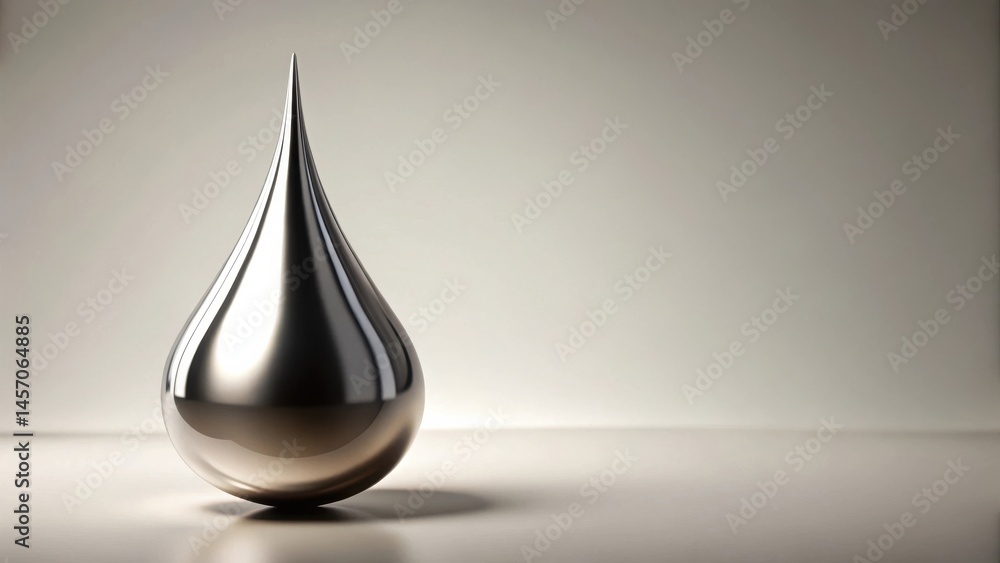 Fototapeta premium A single, polished teardrop sculpture rests on a minimalist surface, reflecting light and shadow