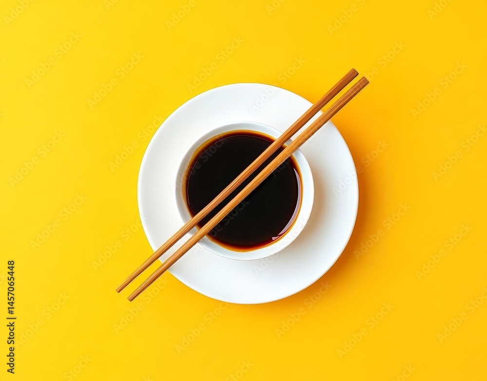 Fried Japanese gyoza dumplings are accompanied by soy sauce and set against a yellow background Fried Japanese gyoza dumplings are accompanied by soy sauce and set against a yellow background