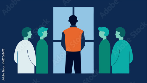 Distant Support A man looking at a support group meeting through a window from a distance illustrating how societal pressure keeps him from joining in.