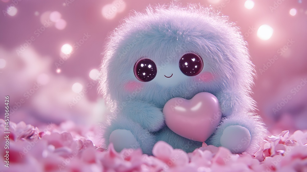 Cute, fluffy creature holding a heart, surrounded by blossoms. Cute, fluffy creature holding a heart, surrounded by blossoms.