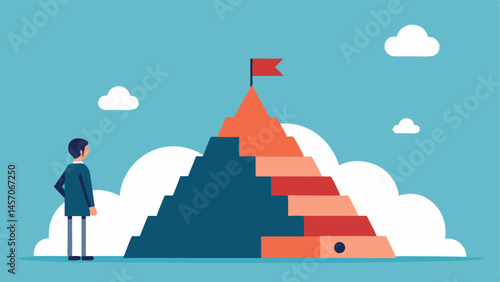 A Mountain of Tasks Illustrate a person looking up at a mountain made of stacked tasks with a speech bubble that reads One step at a time as they begin to climb.
