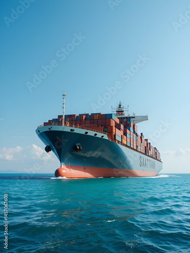 Massive cargo ship cruising through turquoise waters under a clear sky