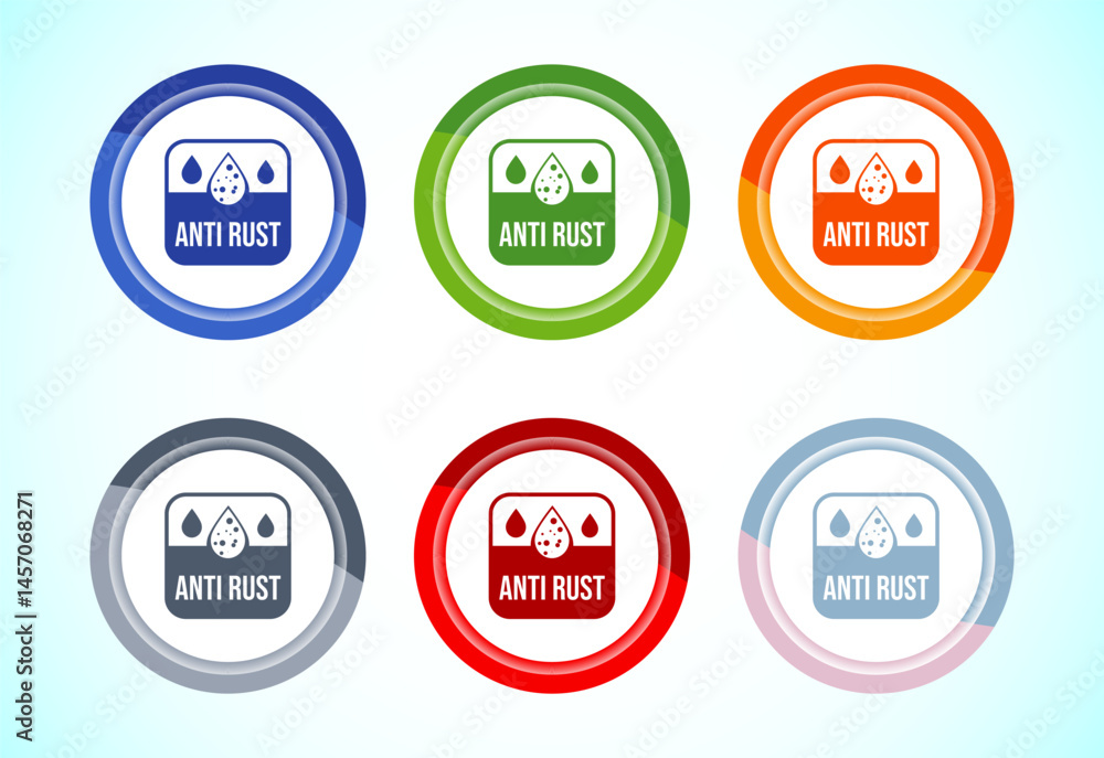 Anti rust icon design illustration. Anti oxidation, Rust resistant sign symbol, 6 color button design set