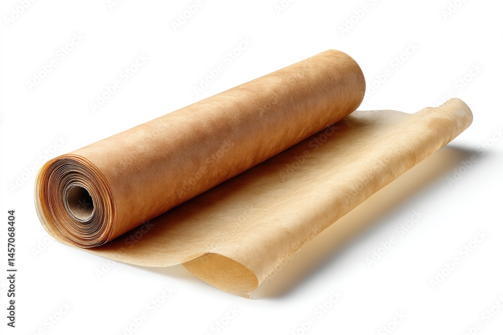 Fototapeta premium Baking paper roll and flat sheets laid out on white