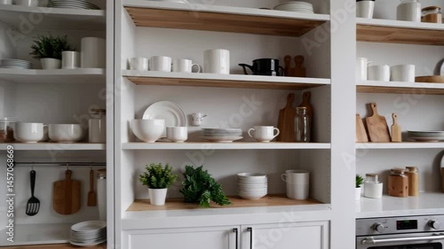 Modern minimalist kitchen design with elegant open shelving and natural decor elements