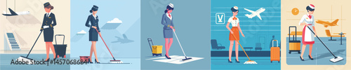 vector flight attendant mopping the floor