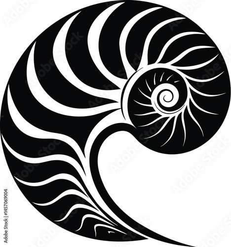 Nautilus shell silhouette, Nautilus sea shell or spiral round snail shell vector silhouette on white background, vector illustration