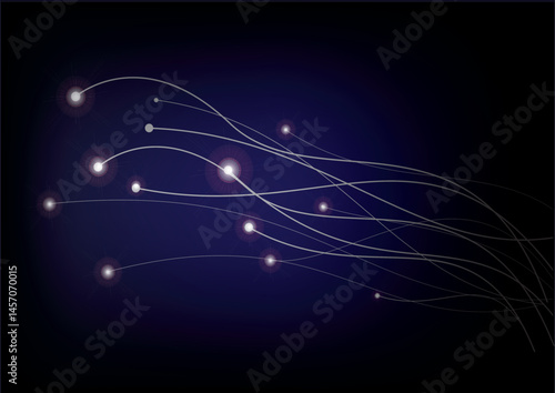 Abstract flowing lines with glowing orbs on a deep blue background for designs.