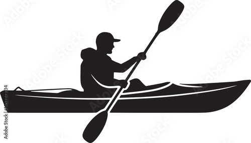 Kayaker Silhouette Rowing On Calm Water Vector Illustration Isolated On White