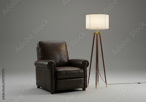 Relaxing in style with a dark leather recliner and a tripod floor lamp.