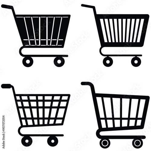 This vector set showcases shopping cart icons, symbols of e-commerce and retail, ideal for web design representing buy and shop actions