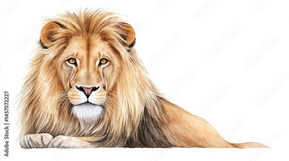 Obraz premium Majestic Lion Watercolor - A regal lion, symbolising power, strength, courage, , and wilderness, rests majestically