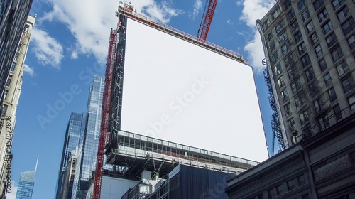 Gigantic white billboard on the side of an NYC office building construction cranes in action showcasing urban scale and precision.  