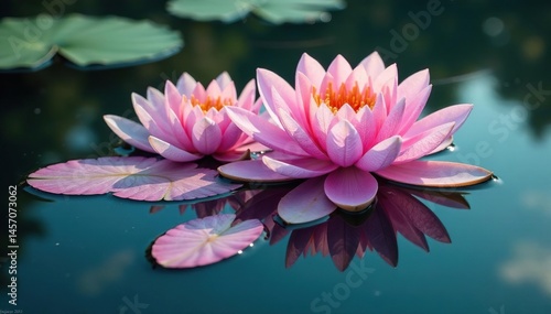 Intricate floral pattern formed by floating blossoms on a still lake surface , summer, elegant, spring