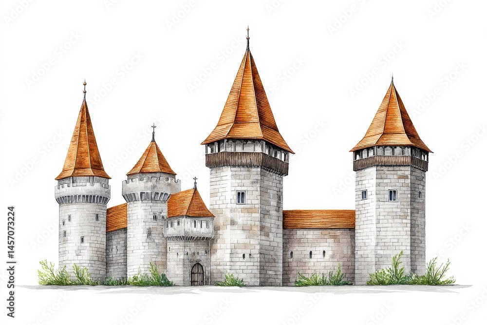 Fototapeta premium Medieval Castle Watercolor Illustration - A charming watercolor painting of a medieval castle, symbolizing history, strength, architecture, , and defense