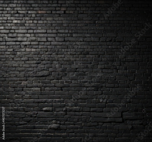 Deep black brick wall, uneven mortar, distressed surface, gritty texture, moody lighting, dark, grunge