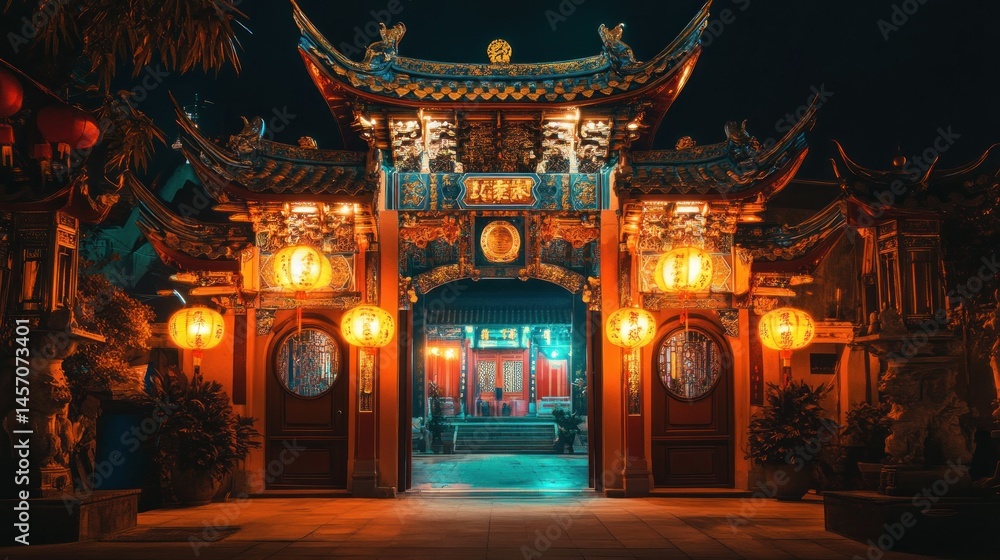 Ancient Asian temple entrance at night, lit by lanterns Ancient Asian temple entrance at night, lit by lanterns