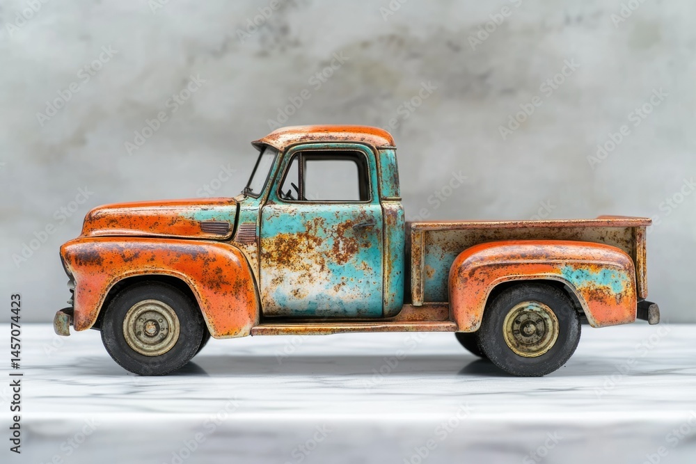 Fototapeta premium Rustic vintage pickup truck model, showing signs of age and wear, detailed with realistic rust and paint.