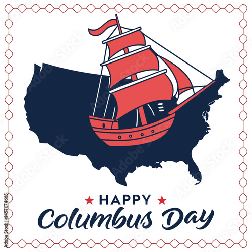 Red ship sails over a dark map of America