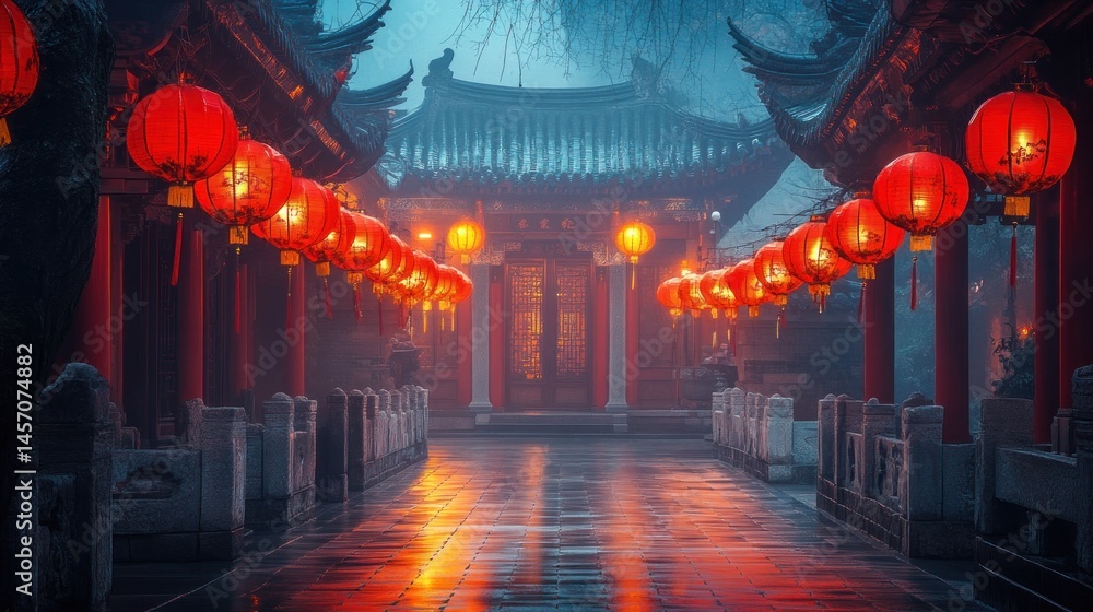 Obraz premium Misty Asian temple walkway illuminated by lanterns