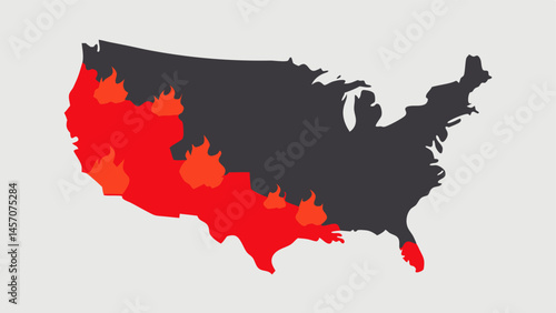 Burning Map An abstract map with areas highlighted in red flames representing regions most affected by wildfires due to increased temperatures.