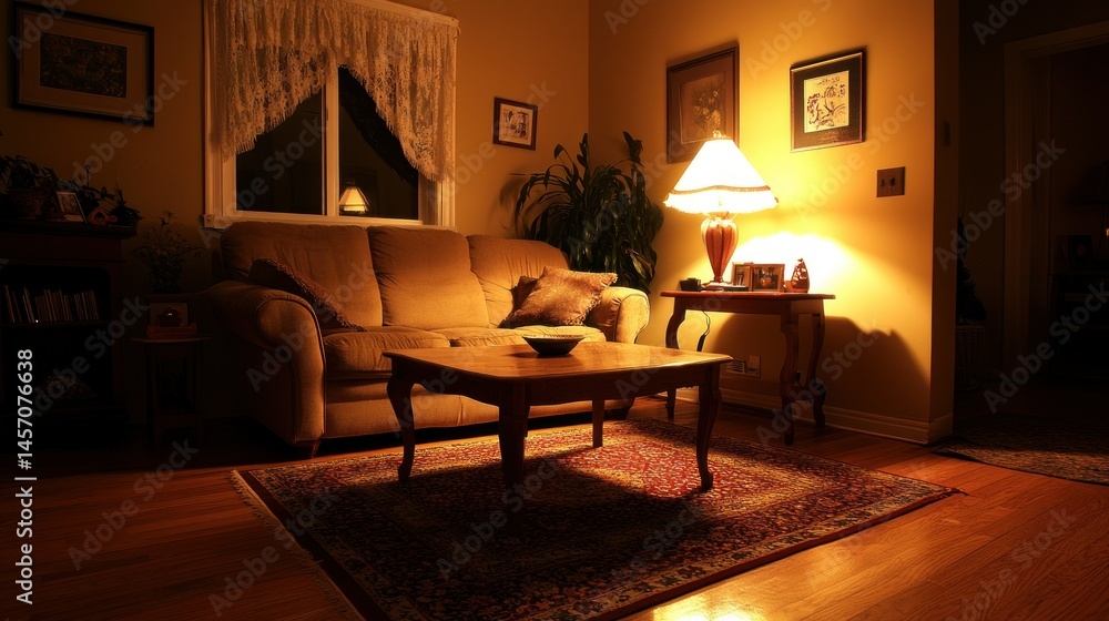 Fototapeta premium Cozy living room interior illuminated by soft warm ambient lighting