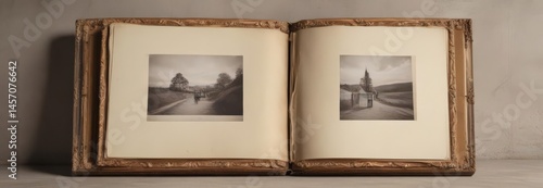 Blank photo album pages fanned open, vintage frame  Ready for memories , antique, mockup, open